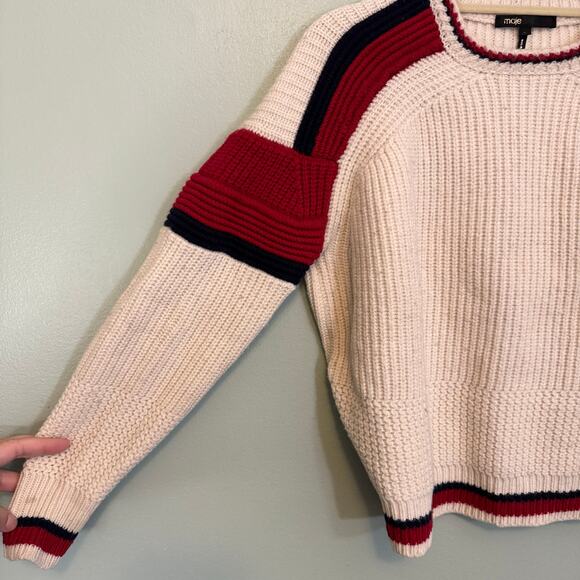 Maje Sweater Womens 2 Cream Red Black Striped Pullover Knitted Jumper Wool Blend - Picture 3 of 8